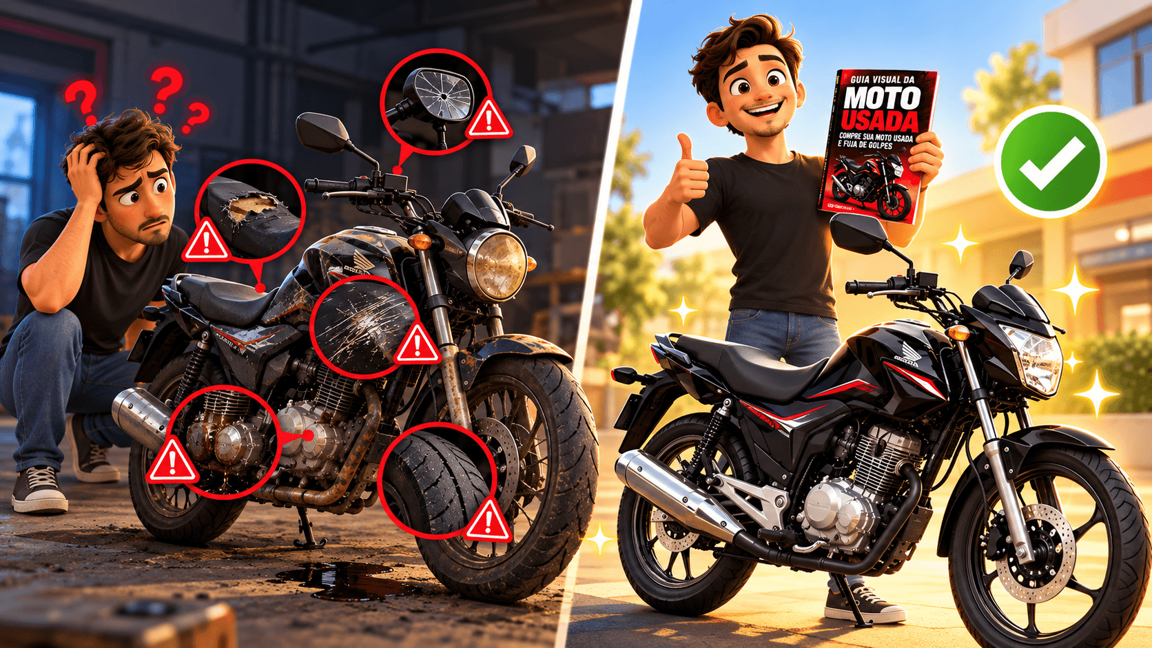À esquerda, comprador confuso diante de uma moto com sinais de queda, desgaste e vazamento; à direita, comprador satisfeito com o Guia Visual da Moto Usada ao lado de uma moto em bom estado