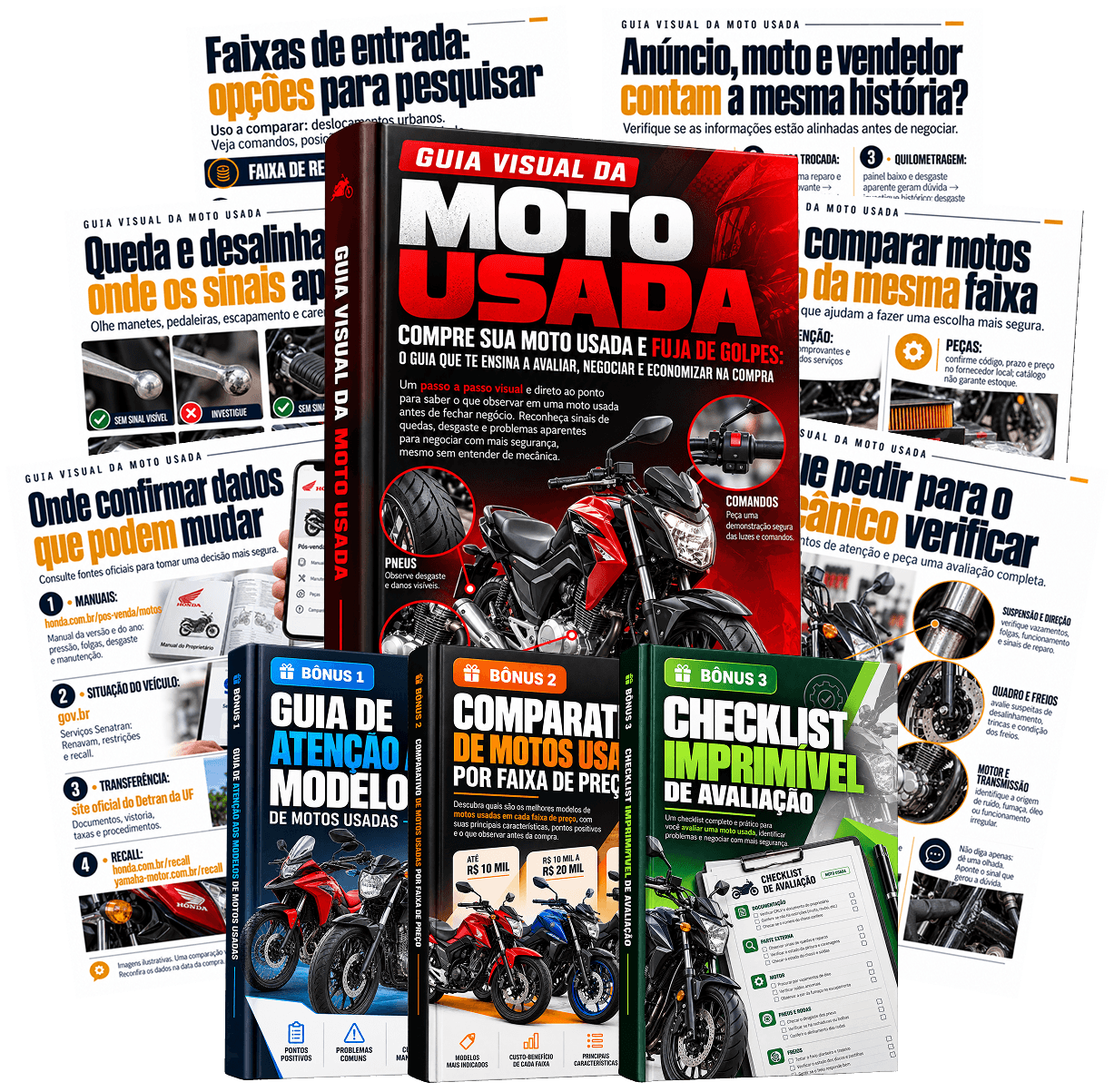 Guia Visual da Moto Usada com os bônus: Guia de Atenção aos Modelos, Comparativo por Faixa de Preço e Checklist Imprimível de Avaliação