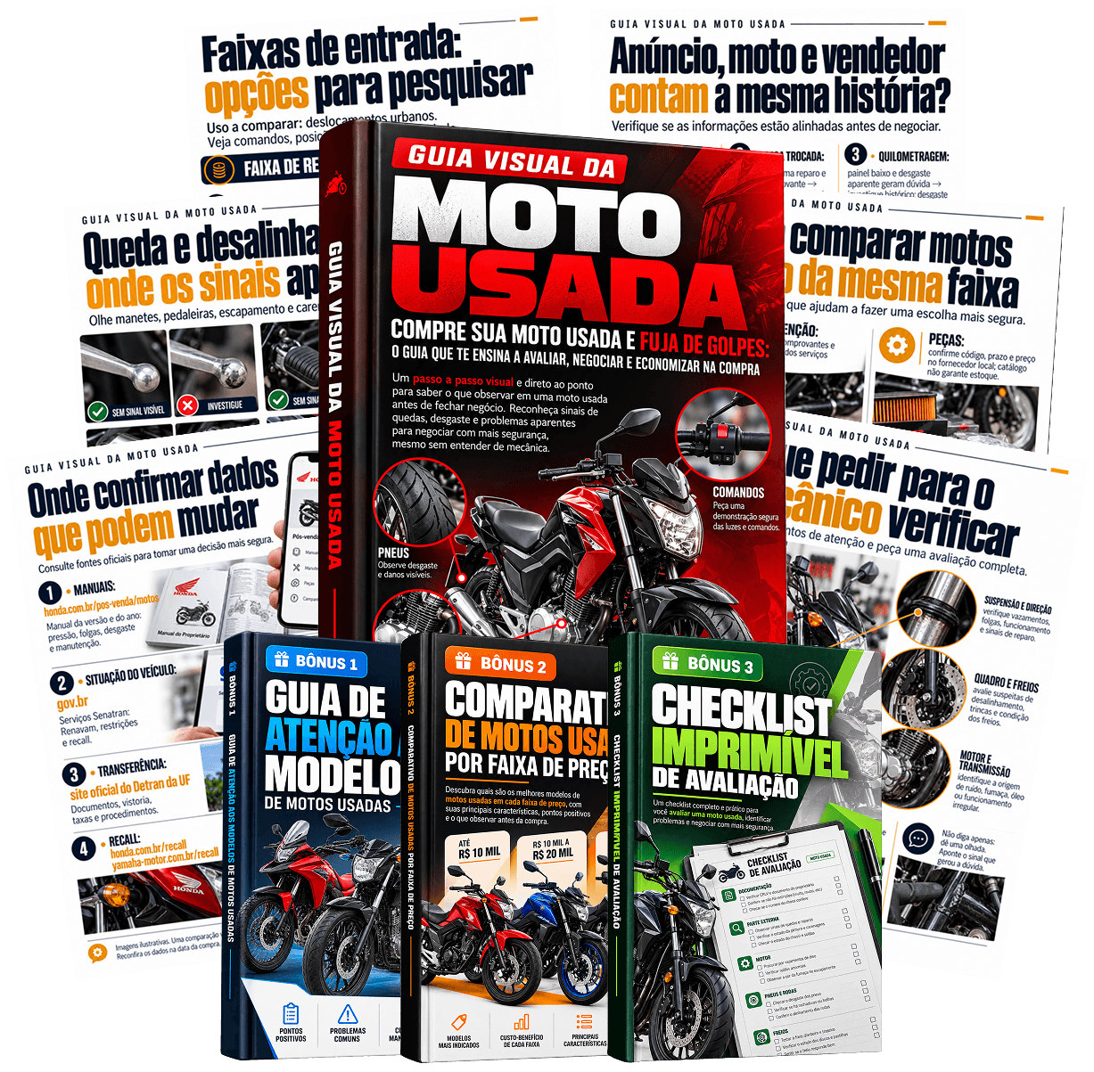 Guia Visual da Moto Usada e páginas do material, com os três bônus do plano completo